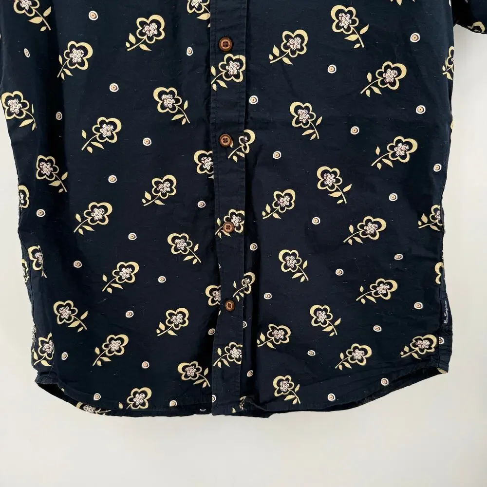 Ben Sherman Neps Shirt Small Floral Print Button Down Navy Cotton Short Sleeve - Picture 9 of 13